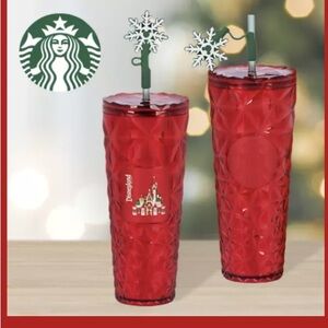 Disneyland Starbucks Holiday Red Diamond Tumbler with Snowflake Straw